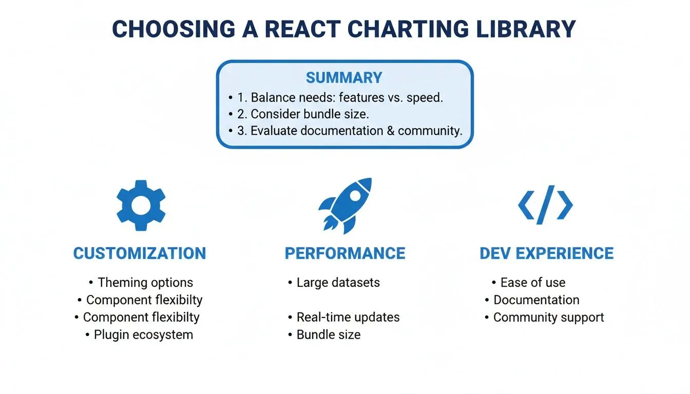 Diagram outlining key considerations for choosing a React charting library, including customization, performance, and developer experience.