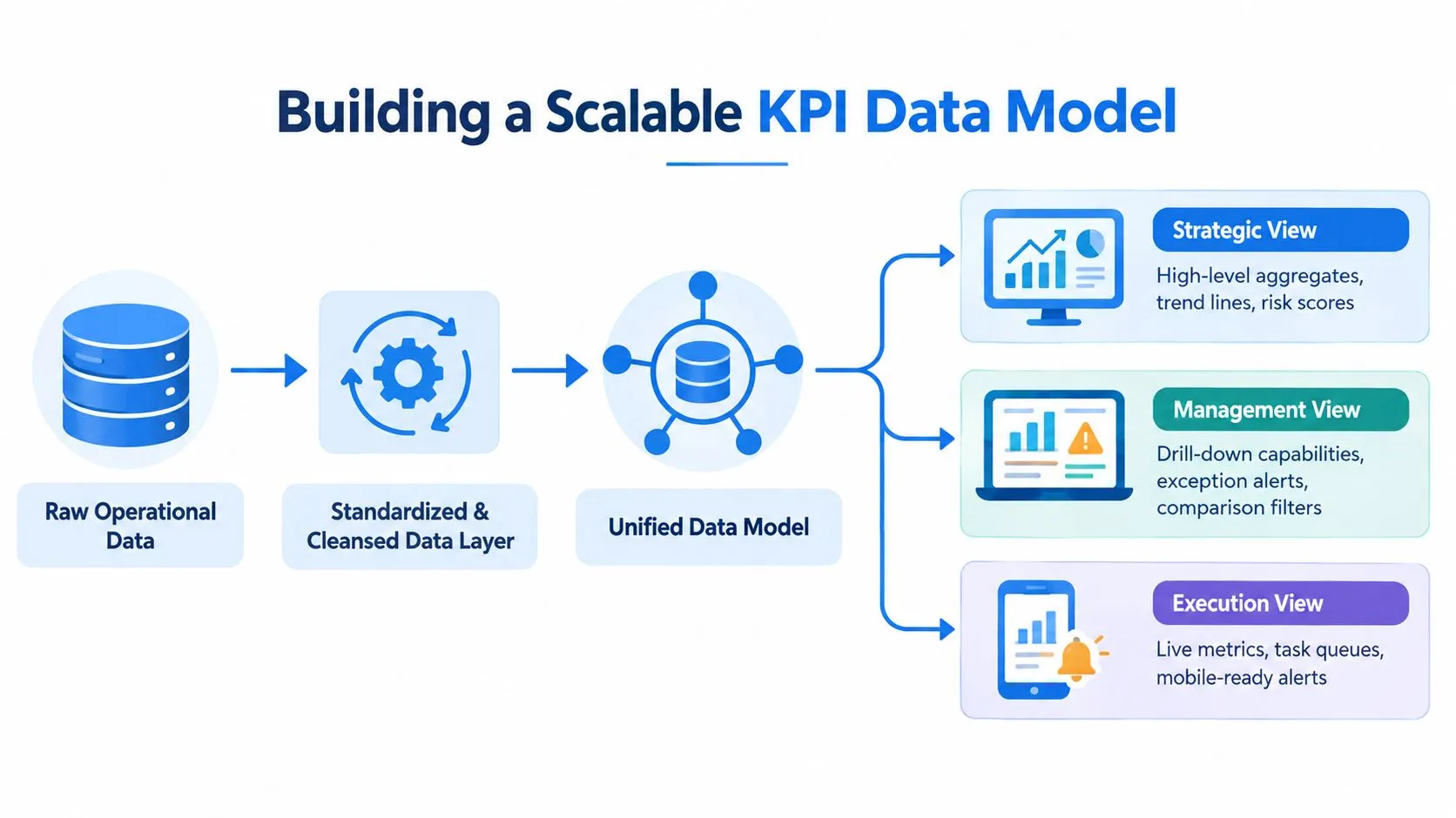 A diagram illustrating a scalable KPI data model flow from raw data through processing to strategic views.