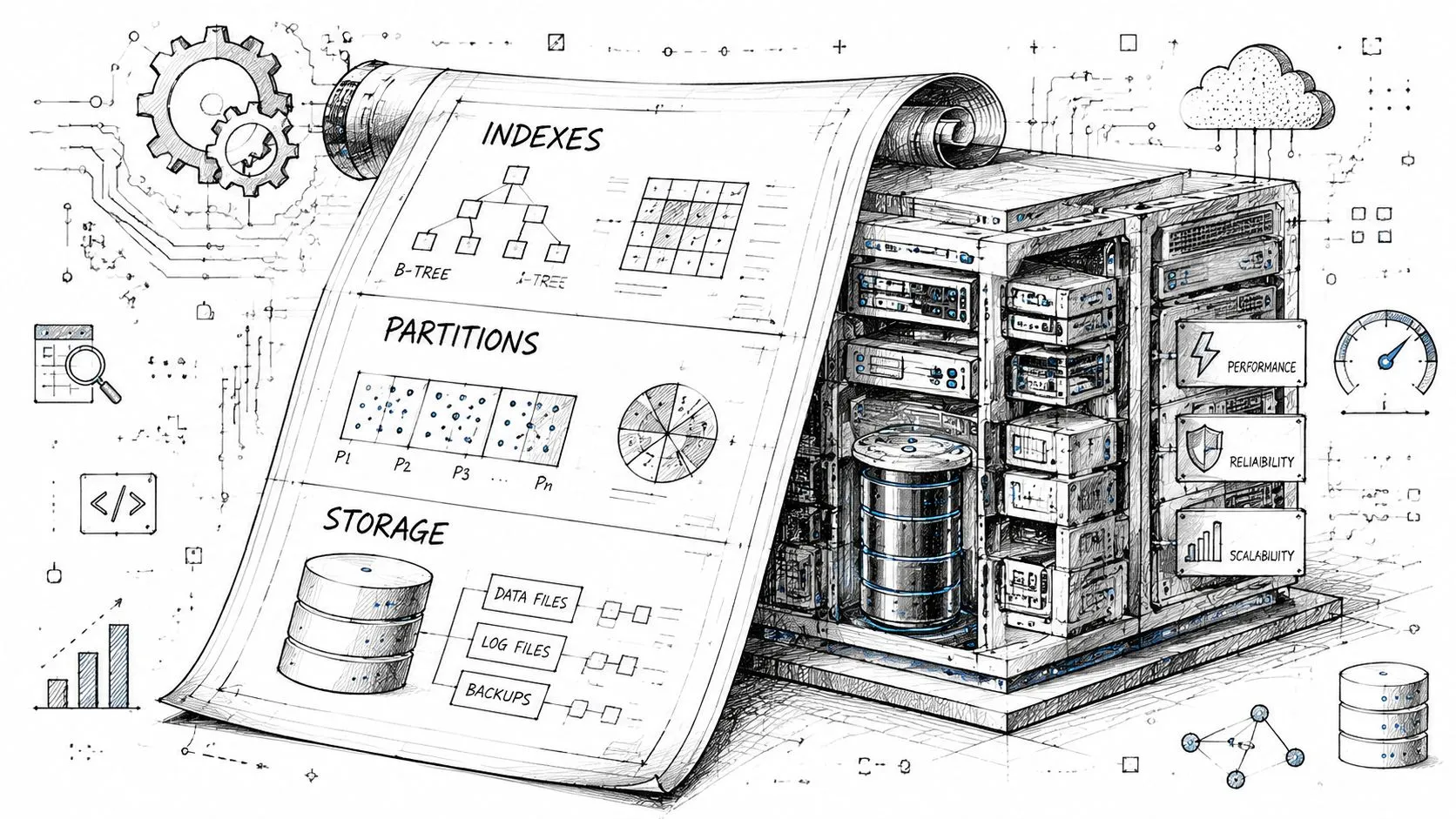 A detailed technical illustration depicting database architecture, including indexes, data partitioning, and storage concepts on server hardware.