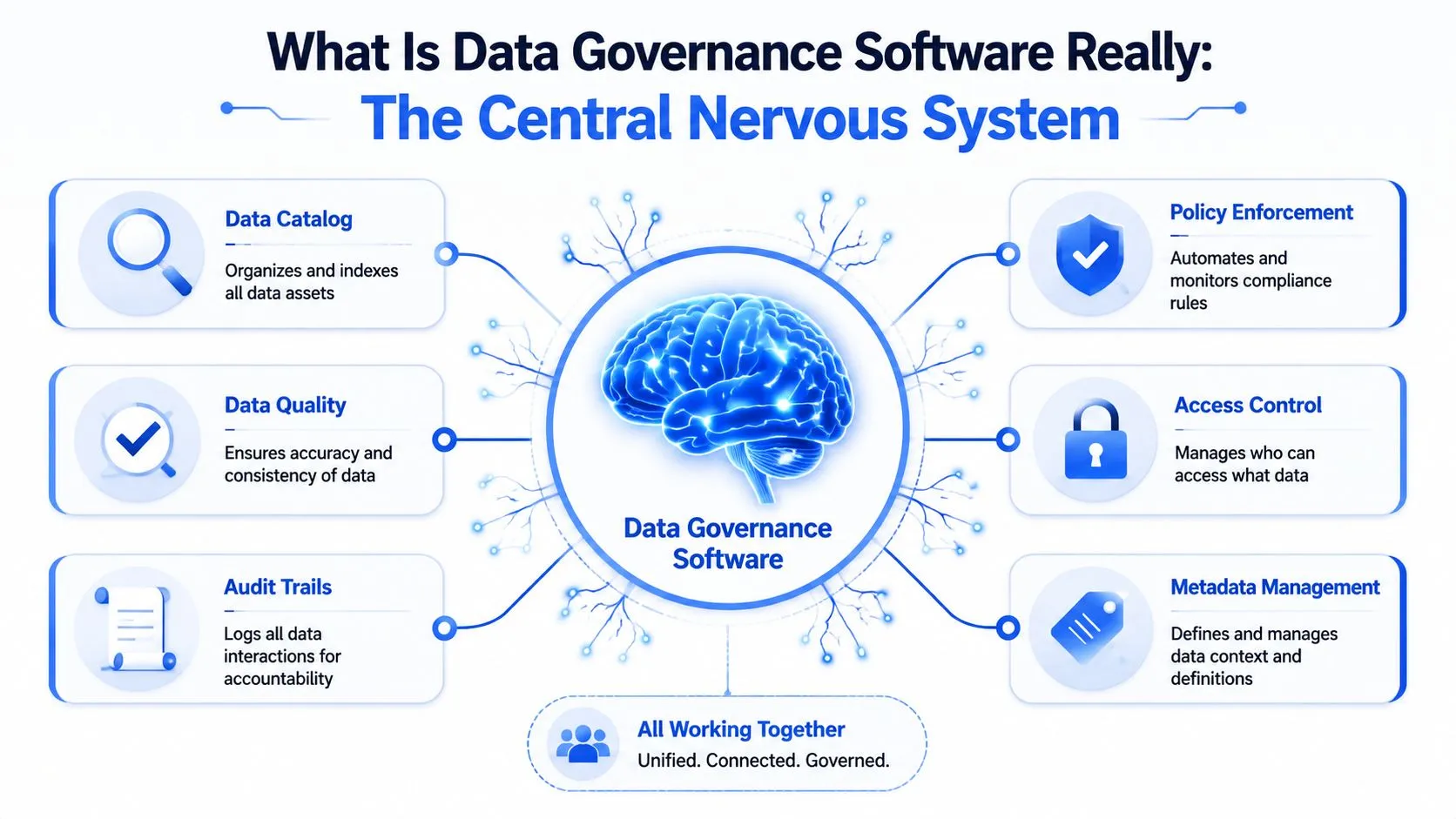 A diagram depicting data governance software as a central nervous system, connecting various essential data management functions.