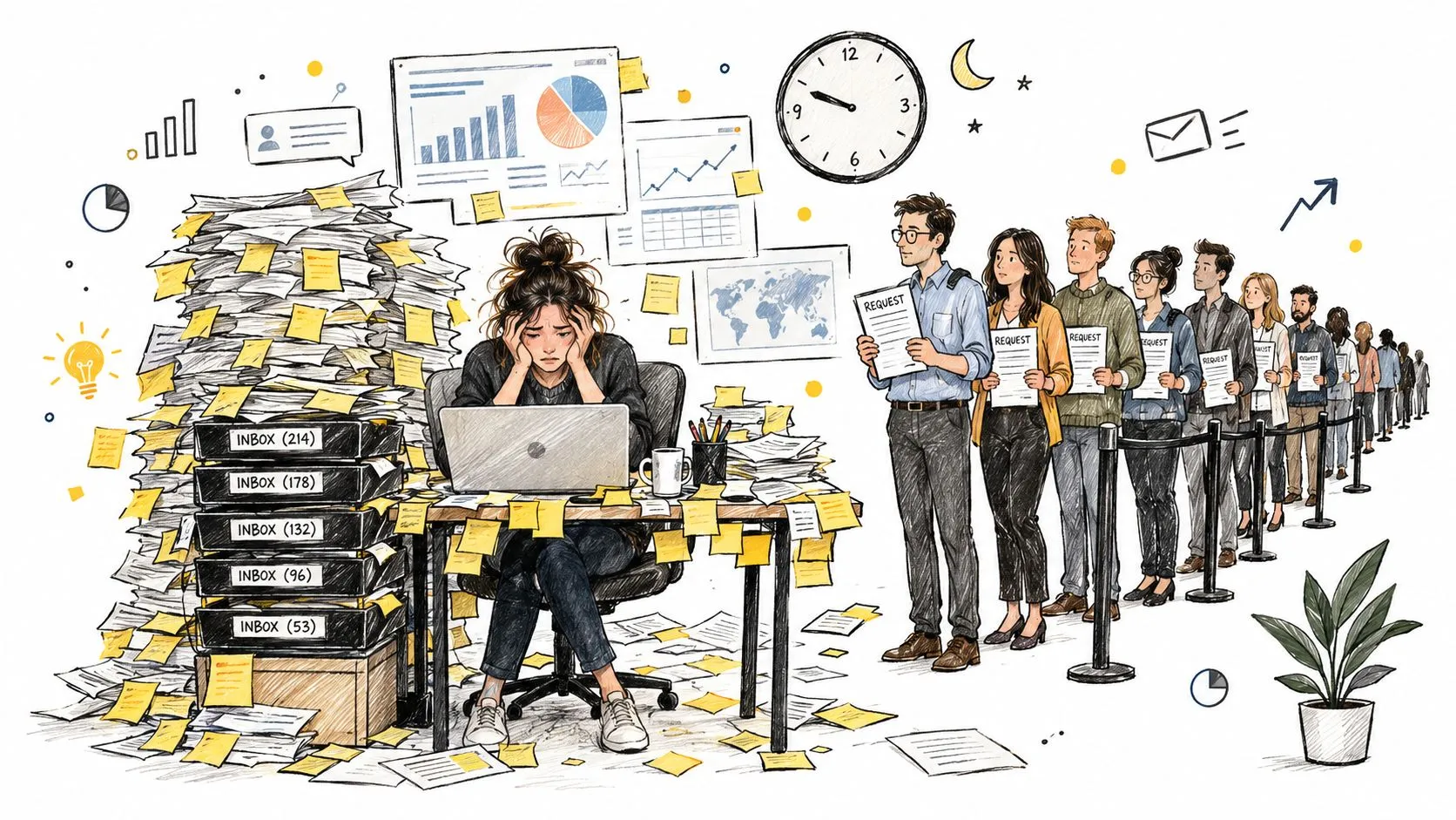 A stressed woman working at a messy desk while a long line of people wait with requests.