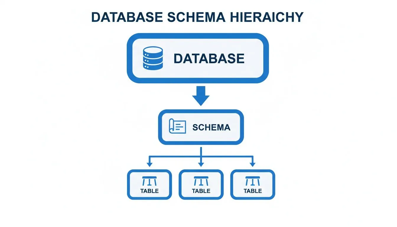 A hierarchical diagram illustrating the database schema, showing a database containing a schema, which contains multiple tables.