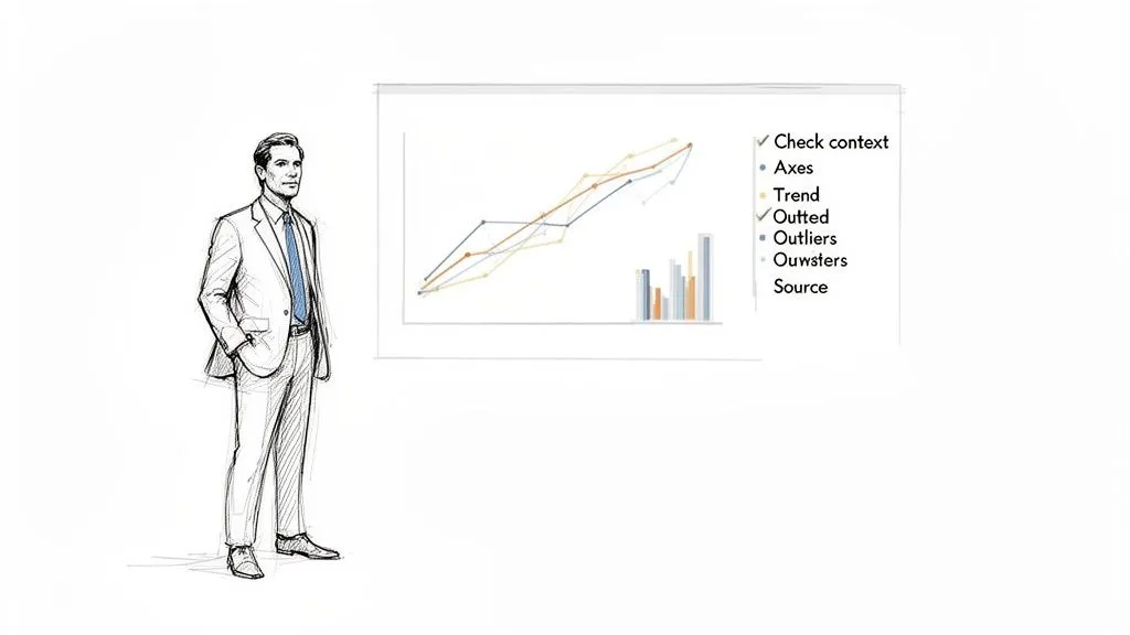 A man in a suit stands by a whiteboard showing charts and a data analysis checklist.