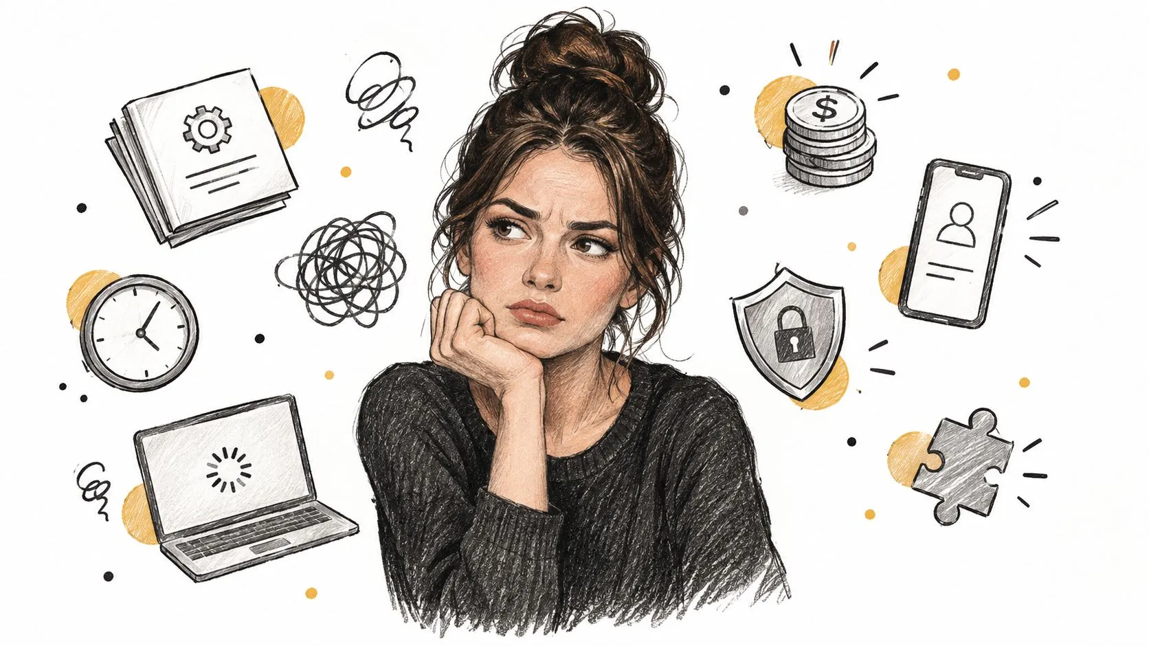 A woman looking thoughtful surrounded by sketched icons representing digital challenges like technology, security, and finances.