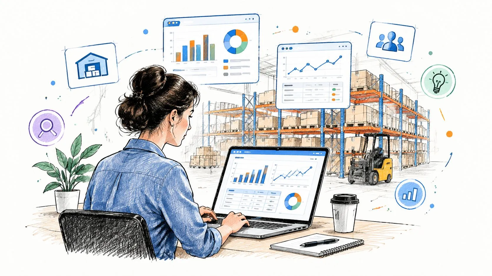 A woman working on a laptop at a desk with digital data overlays and a warehouse background.