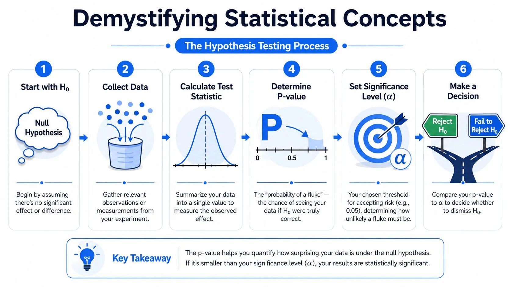 A six-step infographic illustrating the hypothesis testing process from the null hypothesis to the final decision.