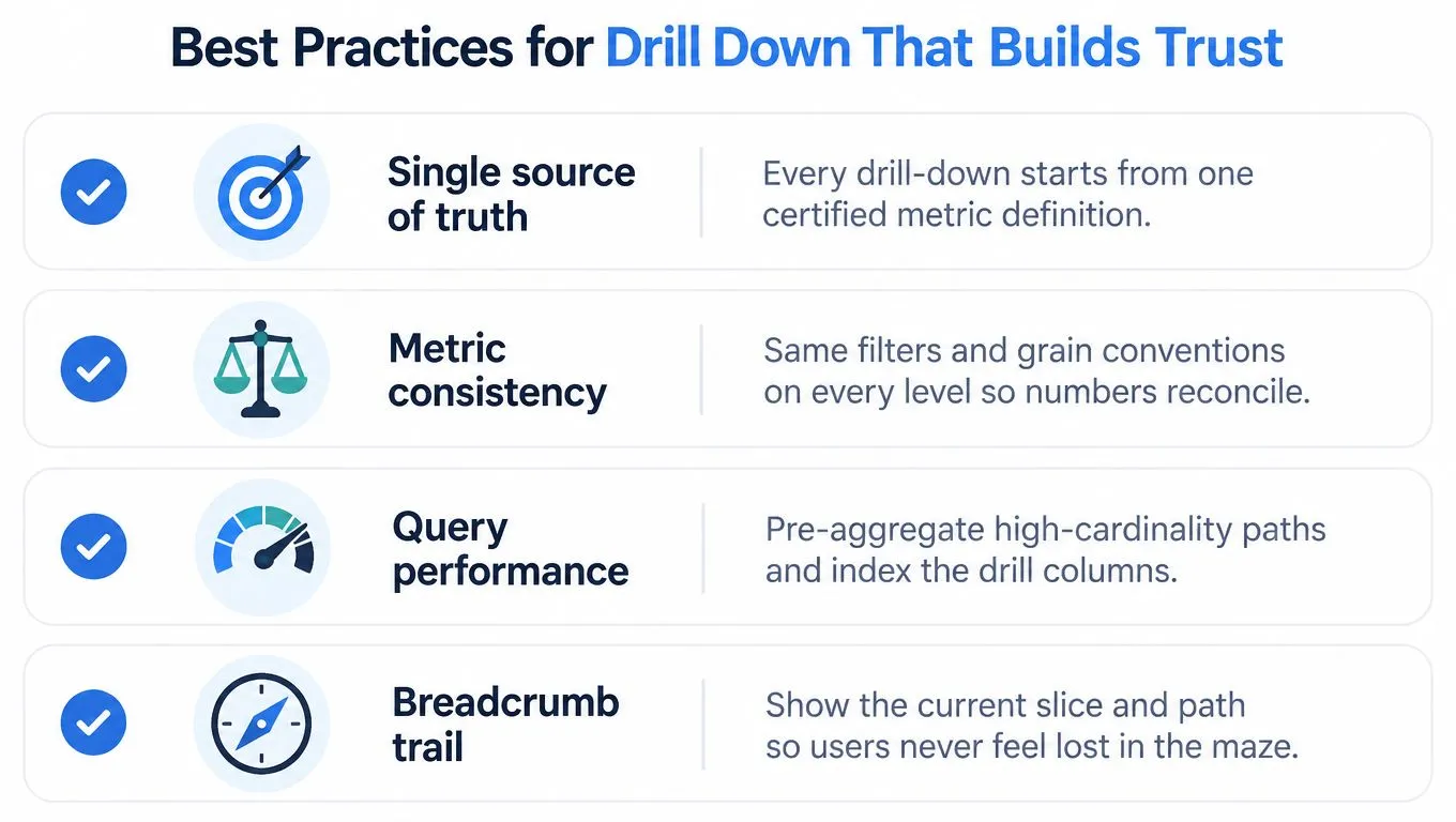 A list of best practices for building trust with drill-down analytics, including metric consistency and performance.