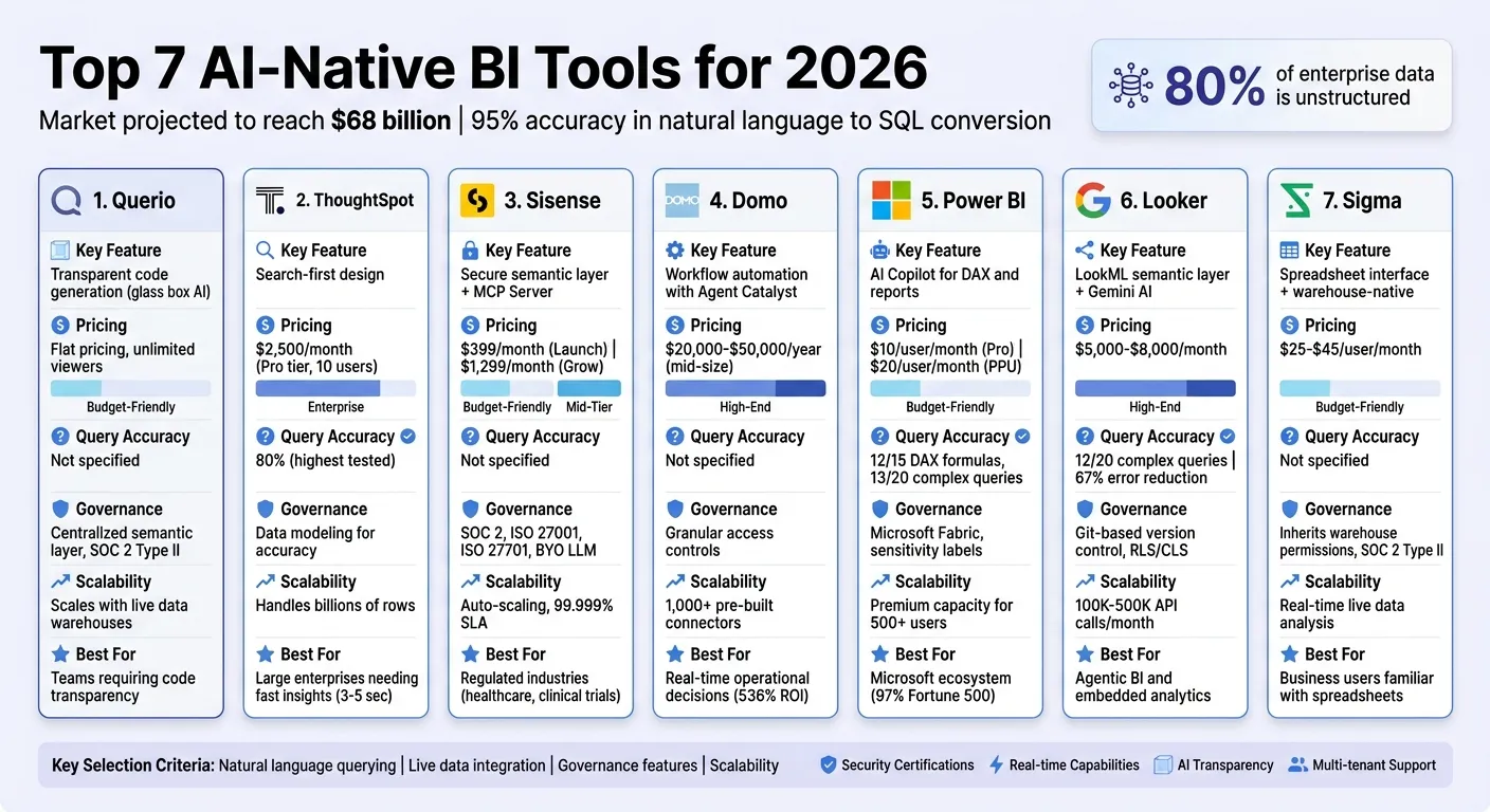 Top 7 AI-Native BI Tools 2026: Features, Pricing &amp; Governance Comparison