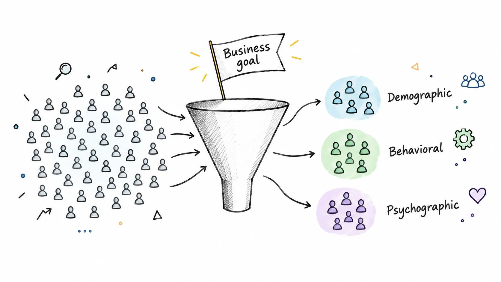 A hand-drawn illustration showing a business goal funnel segmenting a group of people into three categories.