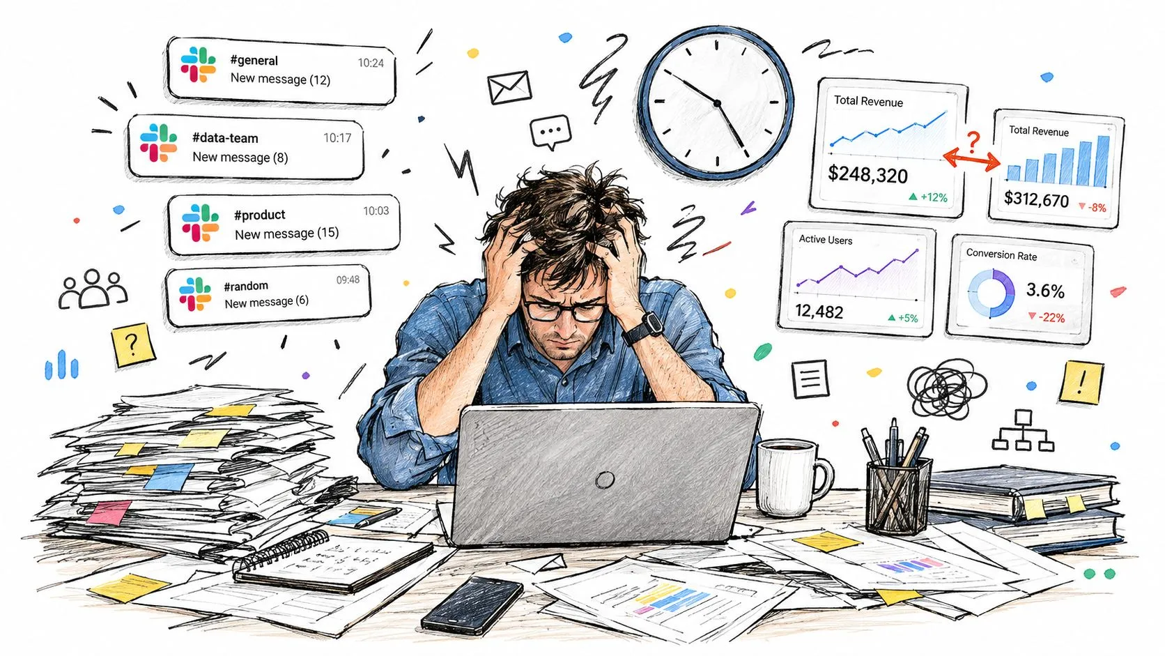 A stressed employee overwhelmed by notifications, data analytics, and paperwork at a cluttered workspace desk.
