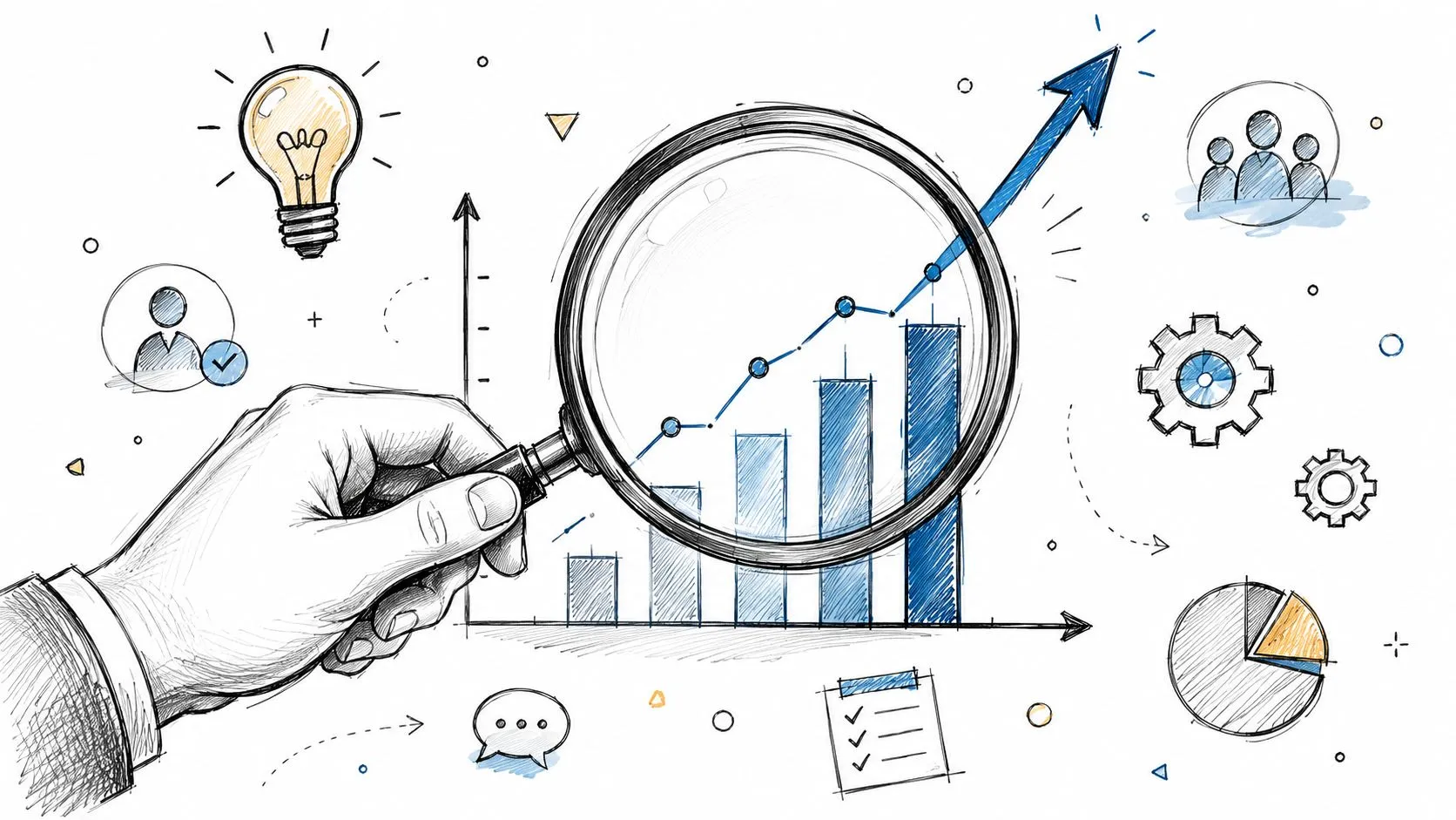 A hand holding a magnifying glass over a business bar chart and an upward trend line.