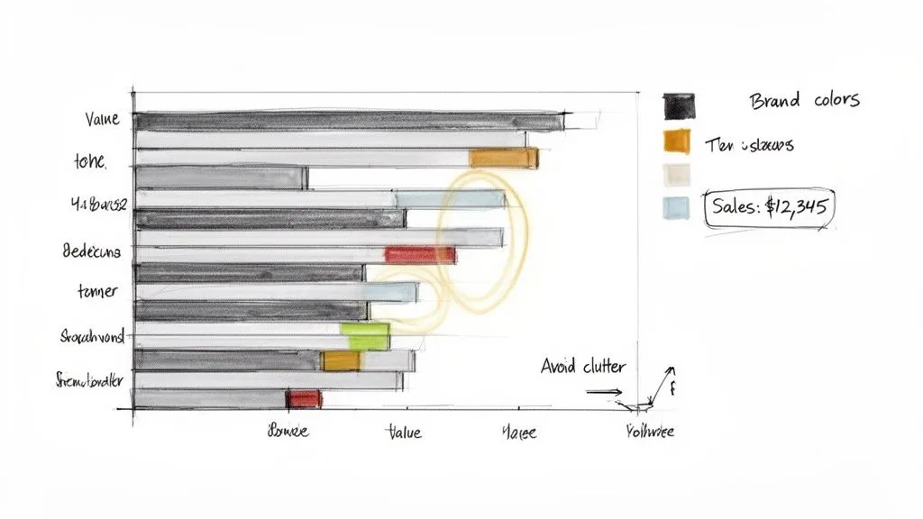 A hand-drawn sketch of a stacked bar graph with a legend showing brand colors and sales data.