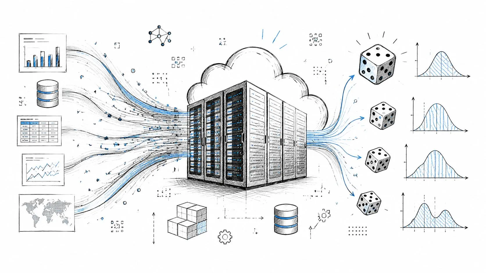 Conceptual illustration showing data inputs being processed by servers into Monte Carlo simulations and probability distributions.