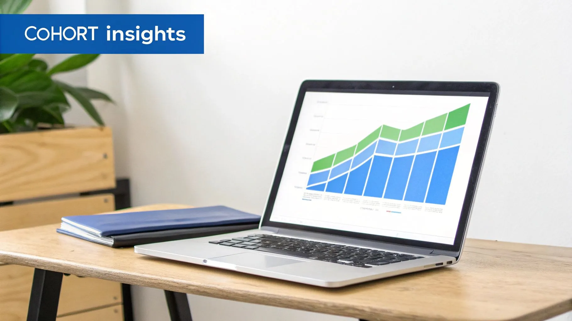A laptop on a wooden desk displaying a colorful data analysis graph, with a 'COHORT insights' banner.