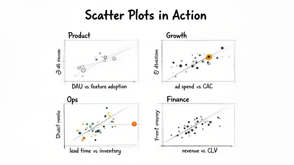 Hand-drawn illustration of four scatter plots demonstrating their use across product, growth, operations, and finance.