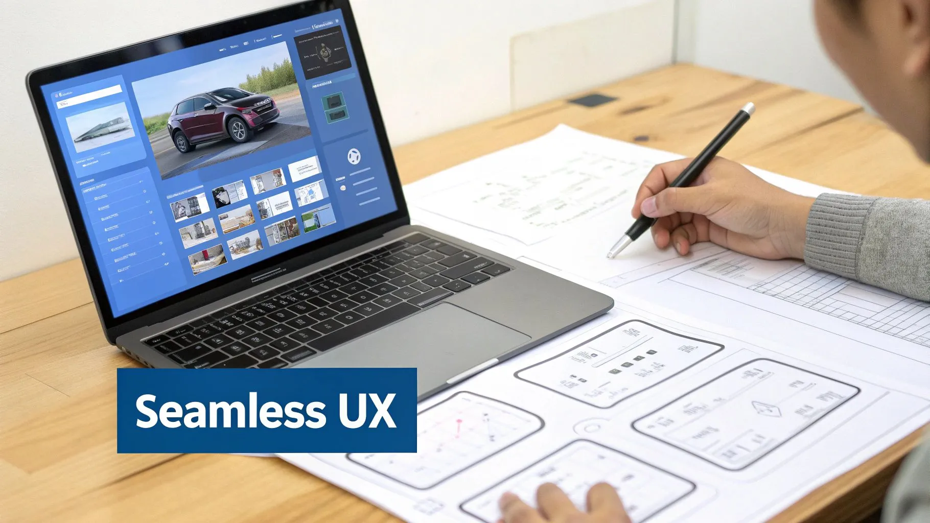 A person designing user experience on a laptop displaying a car image and sketching wireframes on paper.