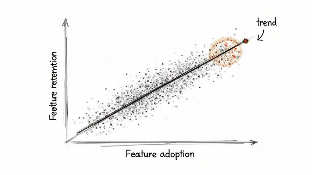 A scatter plot showing feature adoption versus feature retention with a positive regression line, indicating a clear trend.