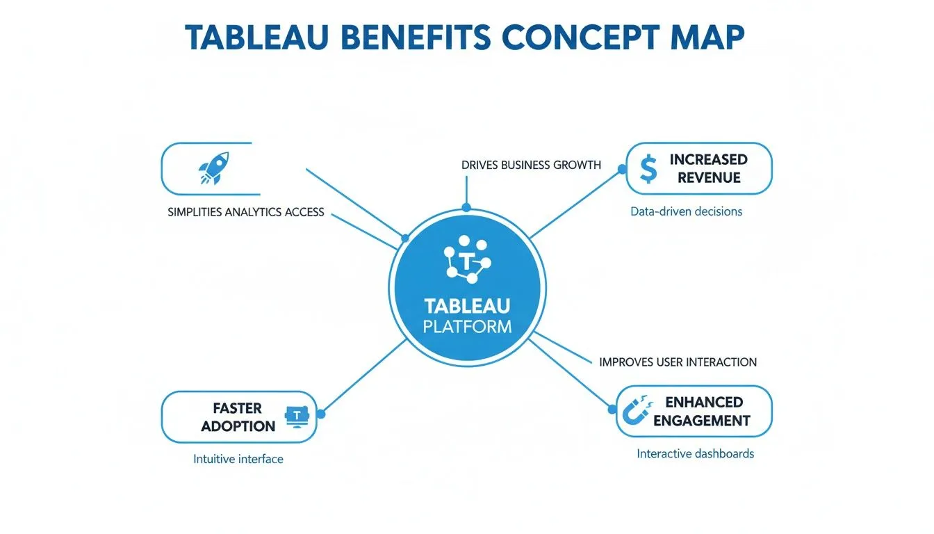 Tableau Benefits Concept Map illustrates how Tableau Platform leads to increased revenue, enhanced engagement, faster adoption, and simplified analytics access.