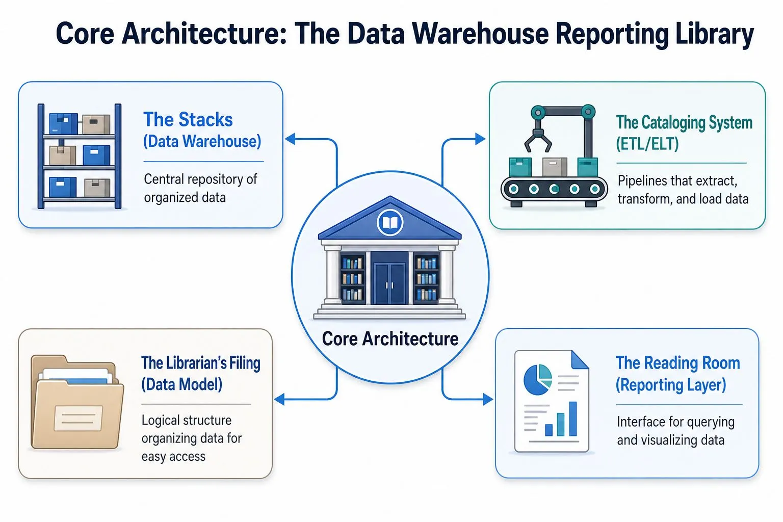 A diagram illustrating data warehouse reporting architecture using a library metaphor with stacks, cataloging, filing, and reading.