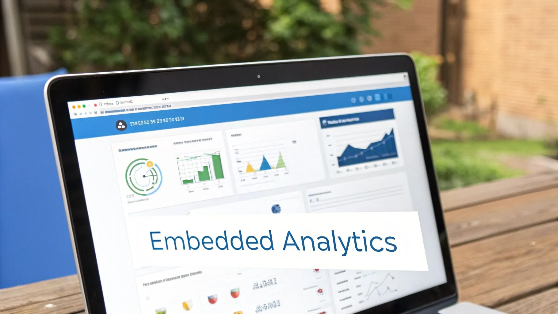 A laptop screen displays a data dashboard with various charts and graphs, featuring 'Embedded Analytics' text, outdoors.