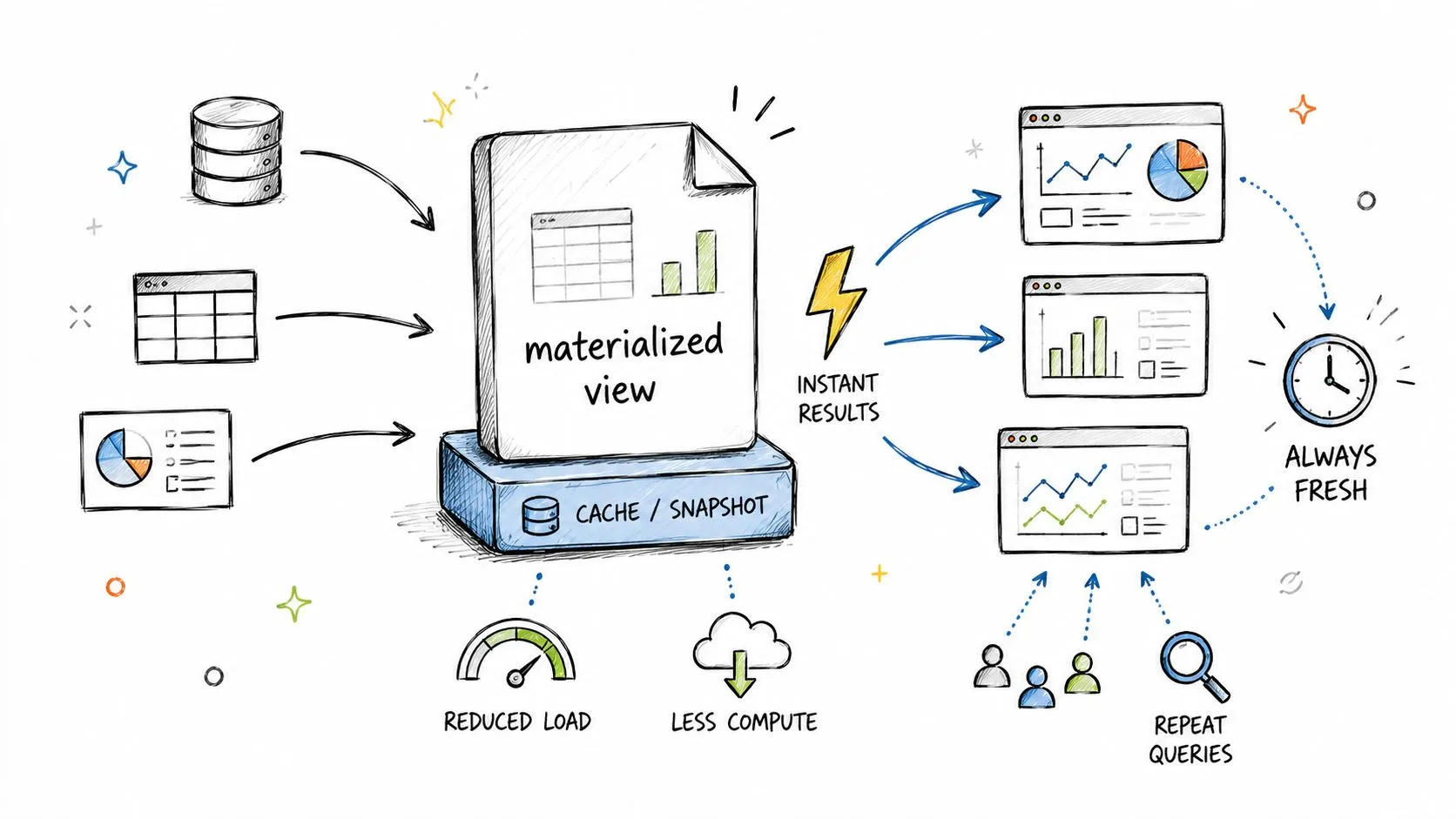 A hand-drawn diagram illustrating how materialized views provide instant results by caching data from multiple sources.