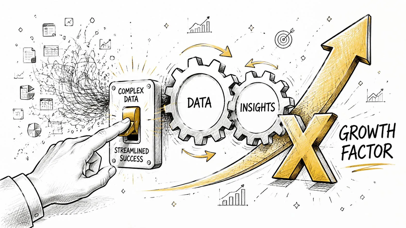 A hand flipping a switch to transform complex data into streamlined success, insights, and business growth.