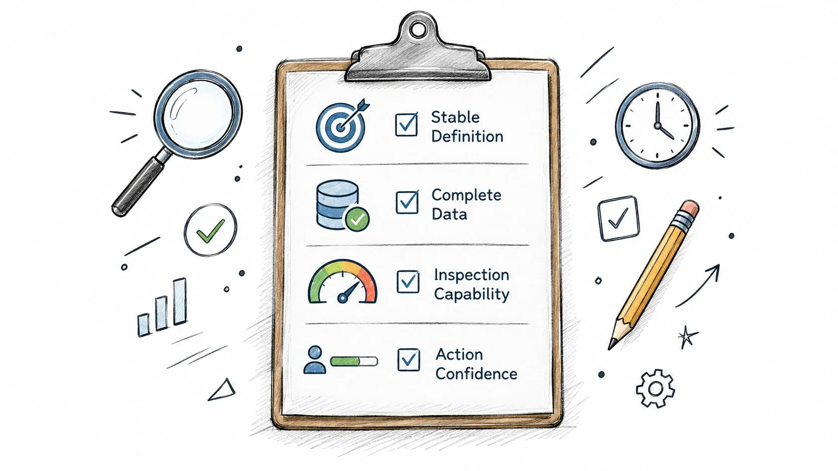 A clipboard illustration listing four key performance indicators including stable definition, complete data, inspection capability, and action confidence.
