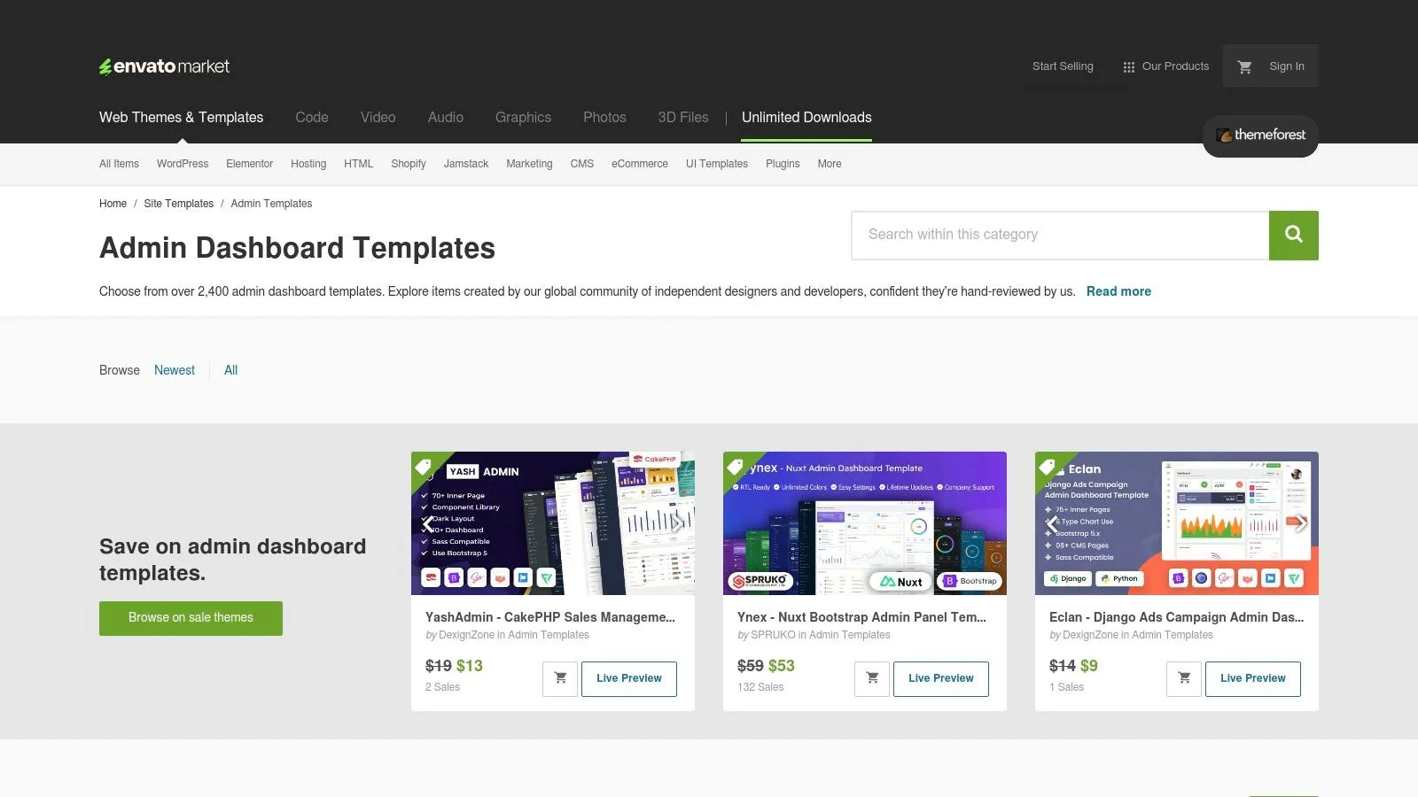 ThemeForest (Envato) – Admin & Dashboard Templates Marketplace