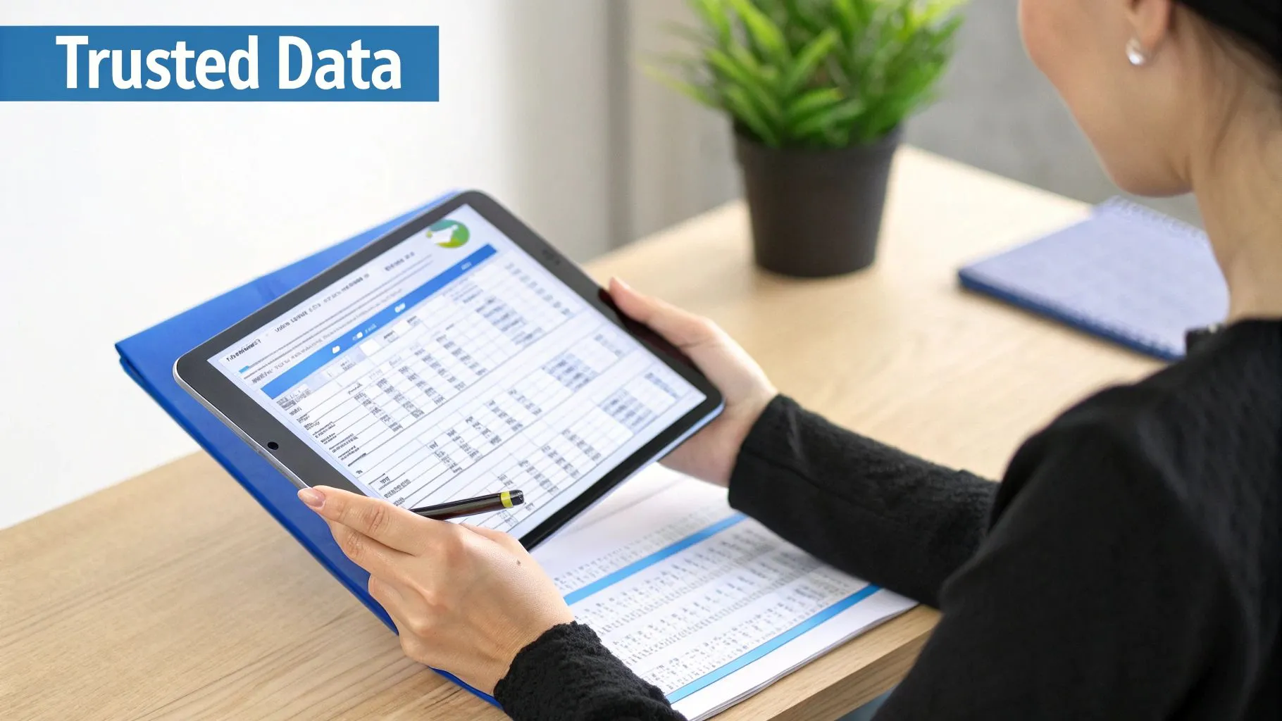 A person uses a tablet displaying data and spreadsheets on a wooden desk, with a blue folder and plant.