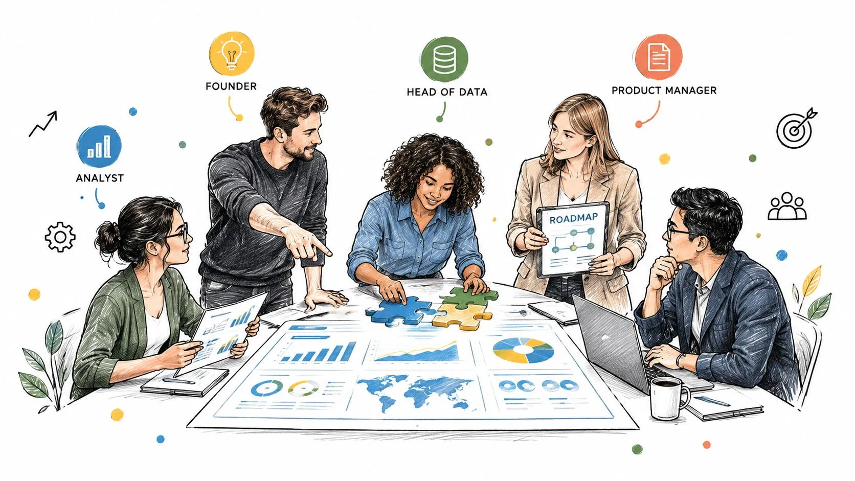 A diverse professional team collaborating around a table with charts, data visualizations, and puzzle pieces.