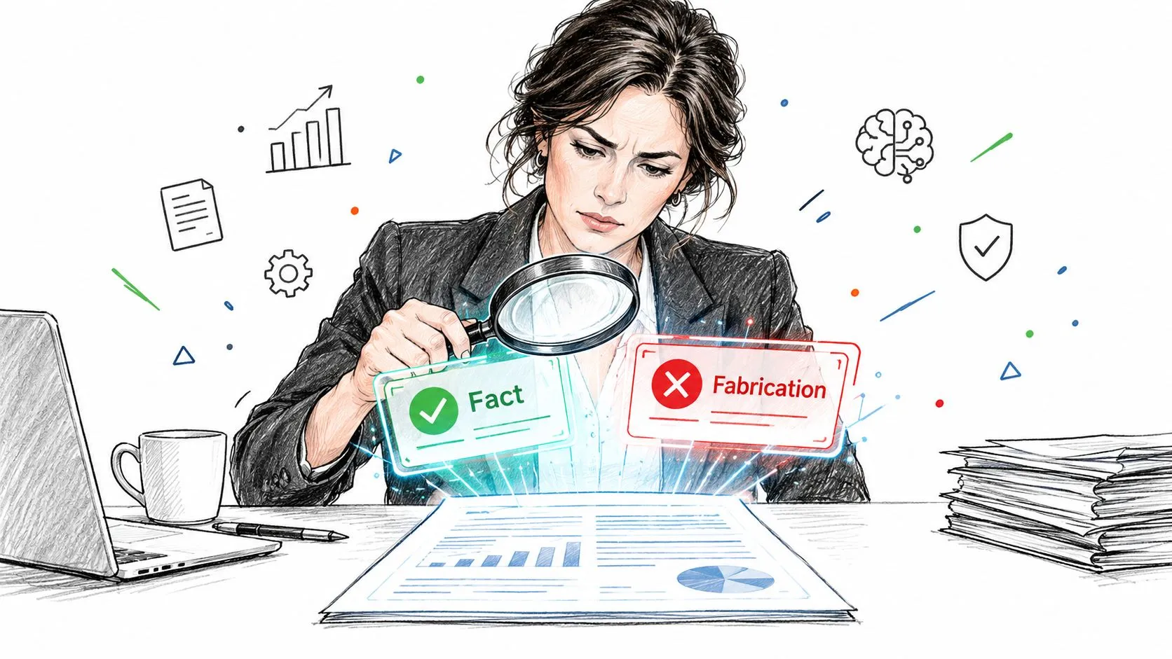 A professional woman uses a magnifying glass to verify documents labeled as fact or fabrication.