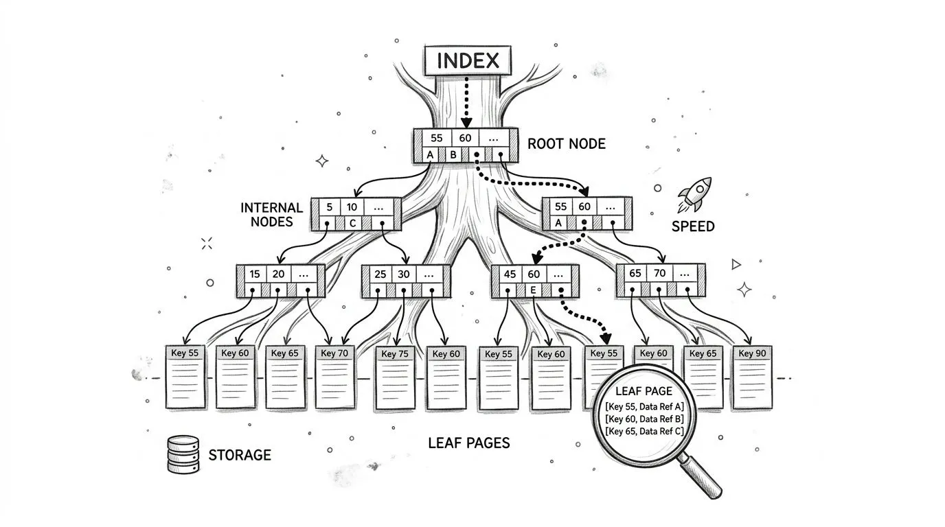 A hand-drawn illustration depicting a B-tree data structure used for database indexing and query optimization.