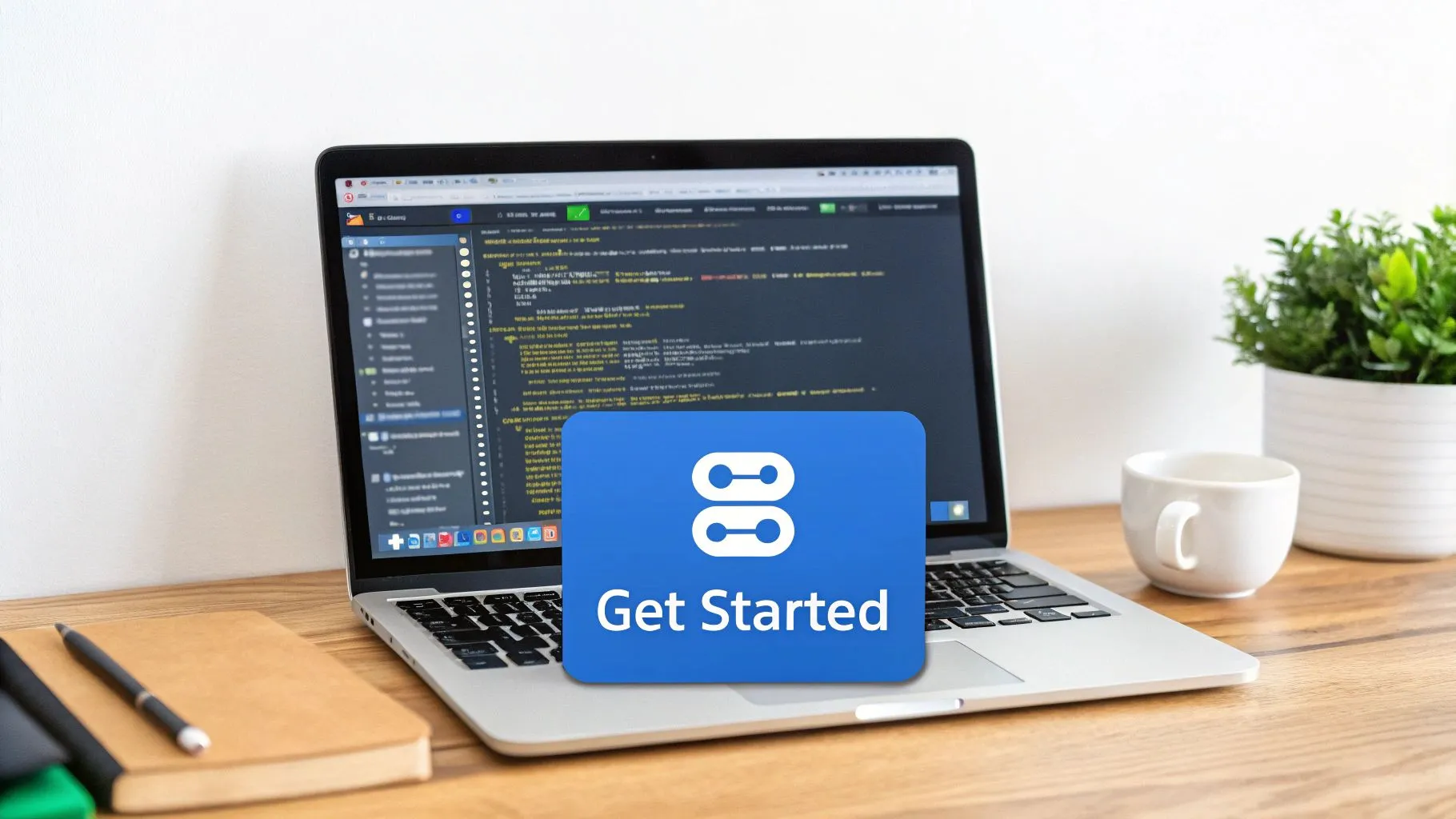 Laptop displaying code editor with blue Get Started button overlay on wooden desk
