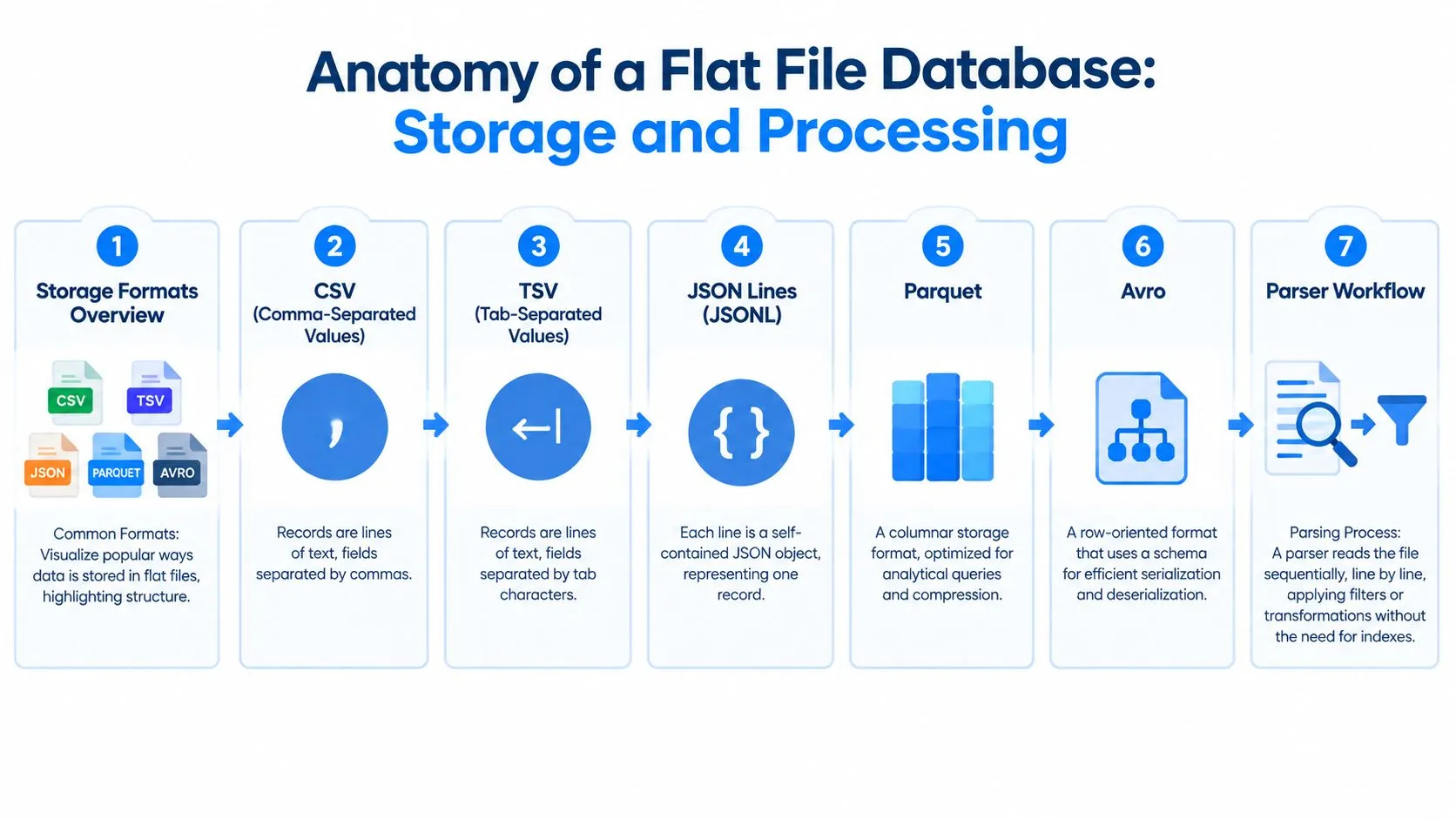 A flowchart explaining the anatomy of flat file databases including common storage formats and parsing workflows.