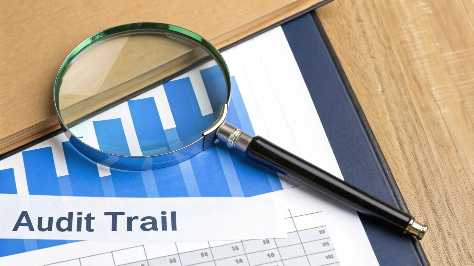 A magnifying glass rests on a document displaying 'Audit Trail' text and blue bar charts.