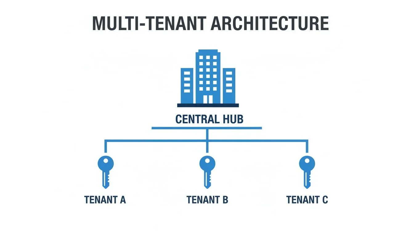 A multi-tenant architecture diagram showing a central hub shared by three distinct tenants.
