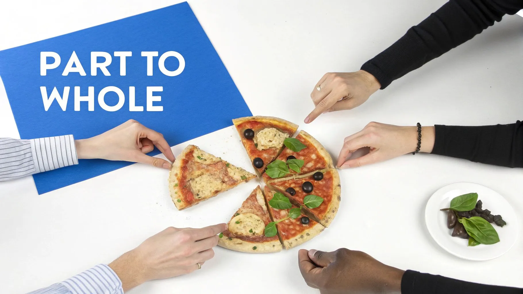 Multiple hands divide a pizza into slices on a white table, next to a 'PART TO WHOLE' sign.