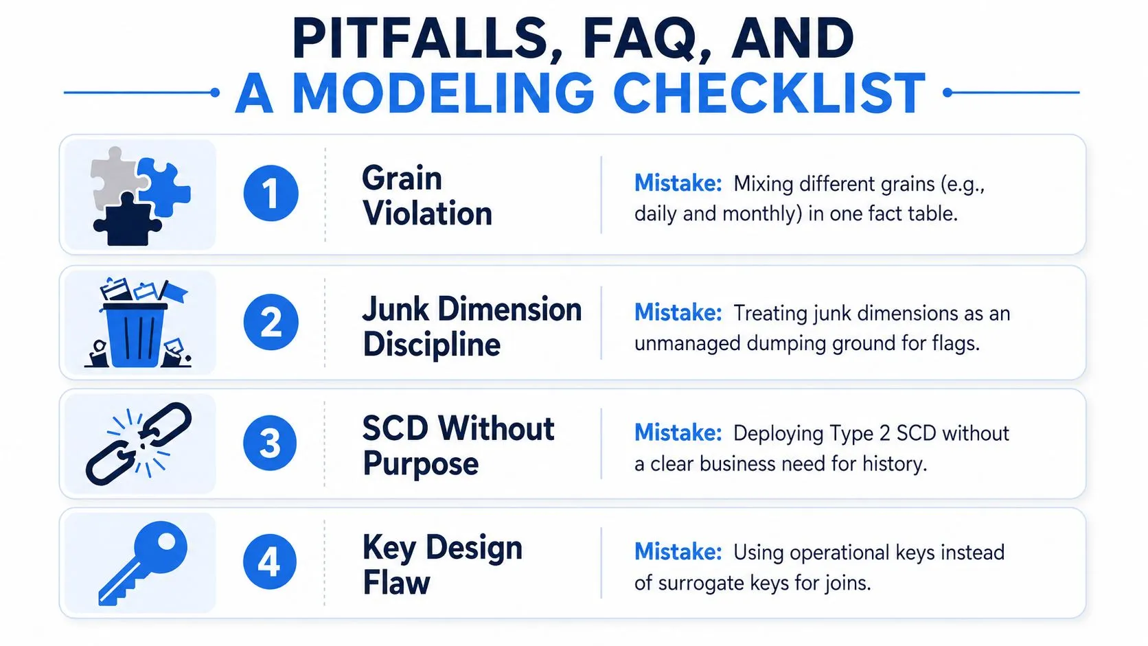 An infographic list detailing four common pitfalls in data modeling with descriptions for each mistake.