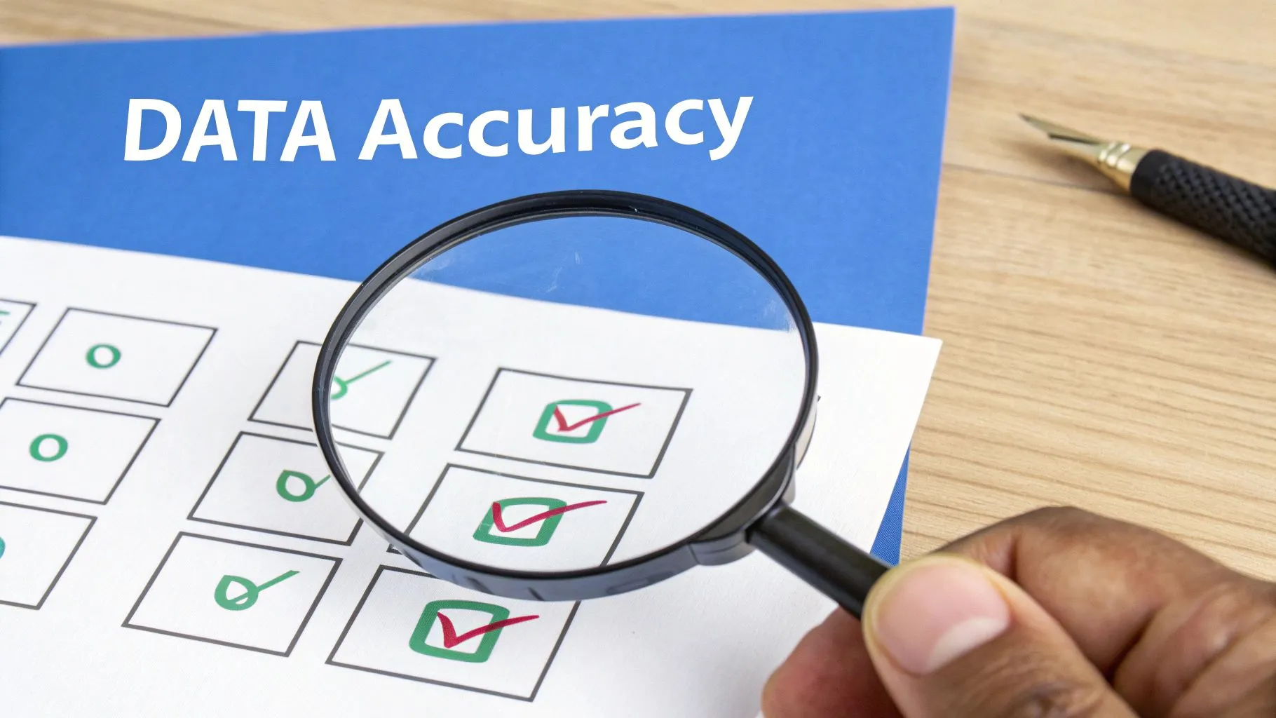 A person uses a magnifying glass to check a document titled 'DATA Accuracy' with green and red checkmarks.