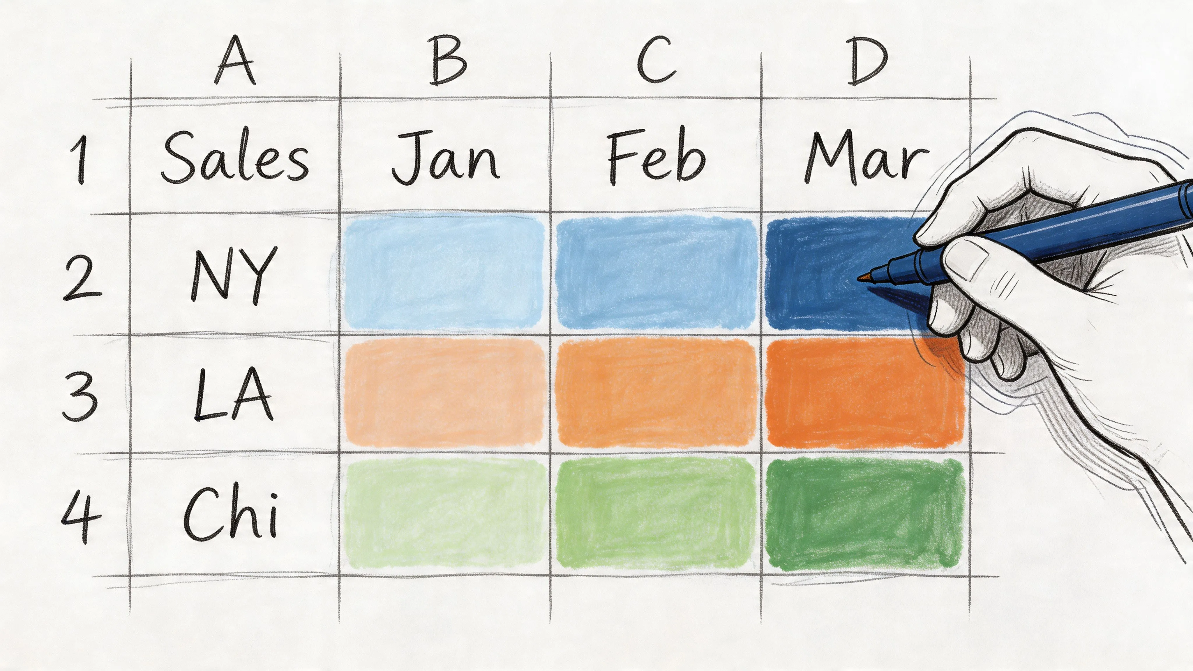 A hand coloring a grid with colored boxes representing a sales data heatmap for cities.