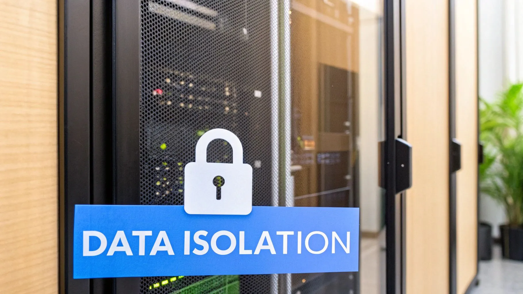 A blue sign with 'DATA ISOLATION' and a padlock icon on a server rack in a data center.