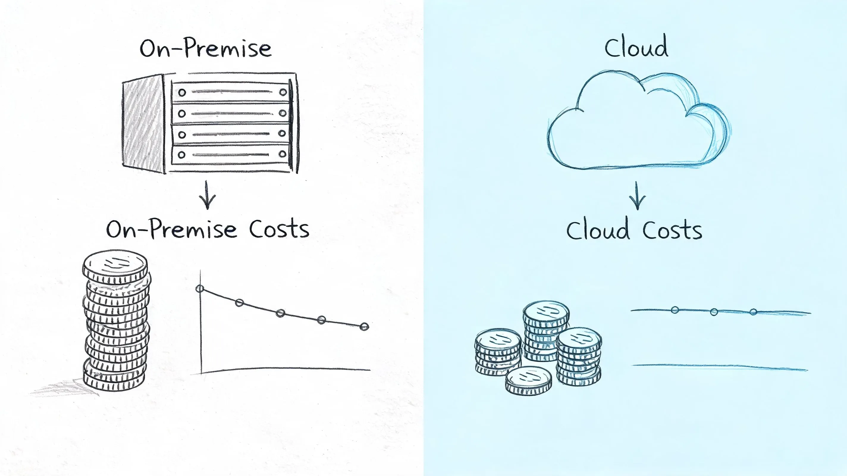 A hand-drawn comparison illustration showing on-premise infrastructure costs decreasing over time versus steady cloud computing costs.