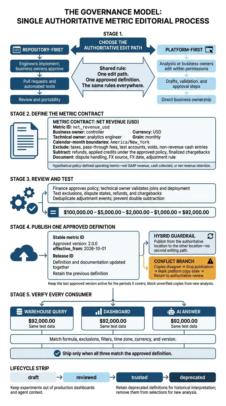 Metric Governance: One Edit Path, Consistent Results