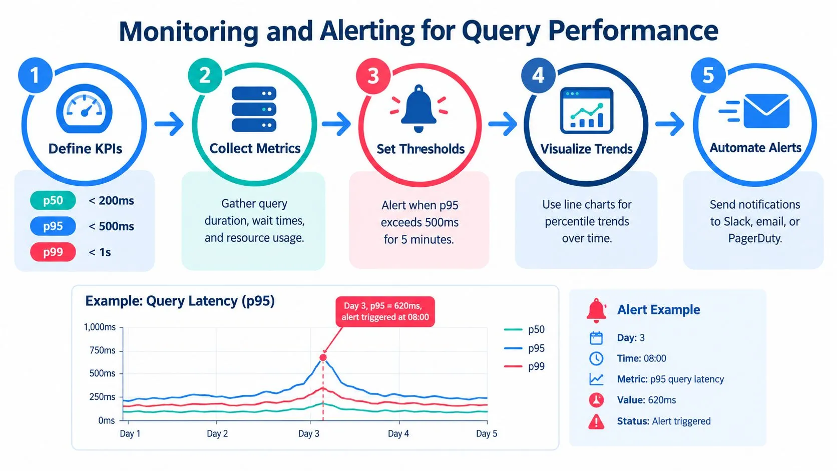 A flowchart showing five steps to monitor and alert for query performance metrics in database systems.