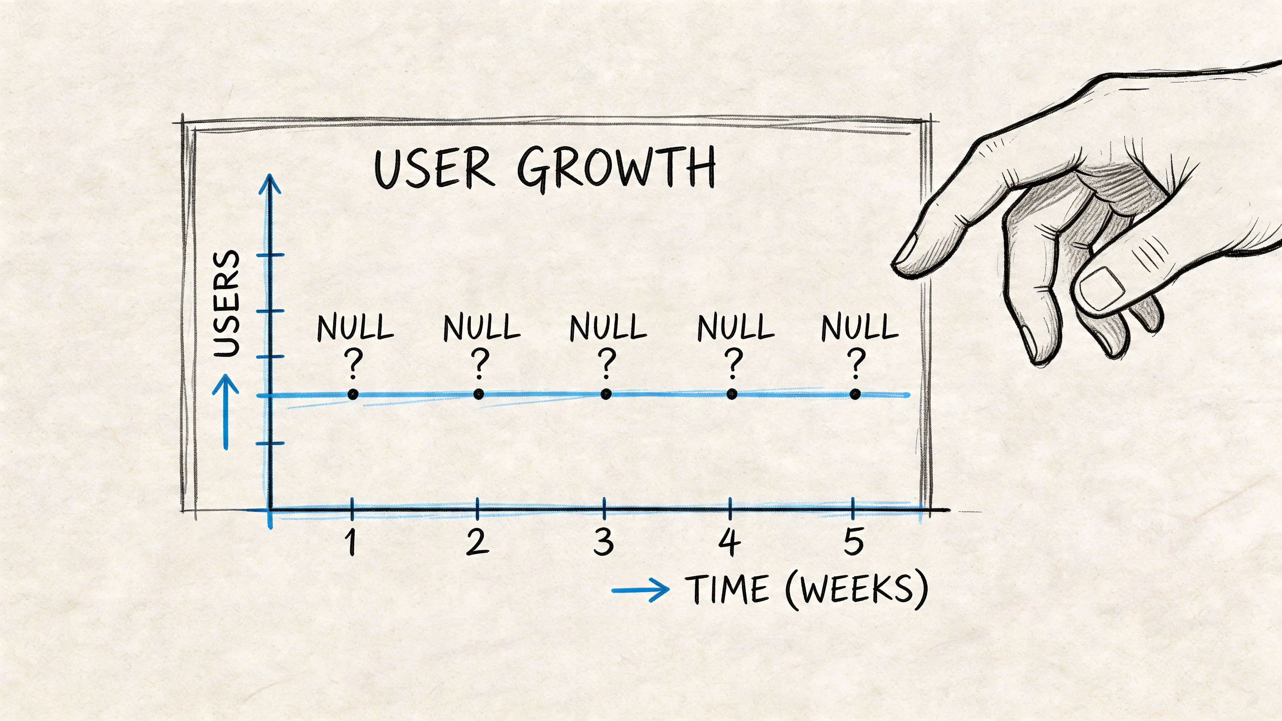 A hand points at a graph labeled user growth with null question marks over five weeks.