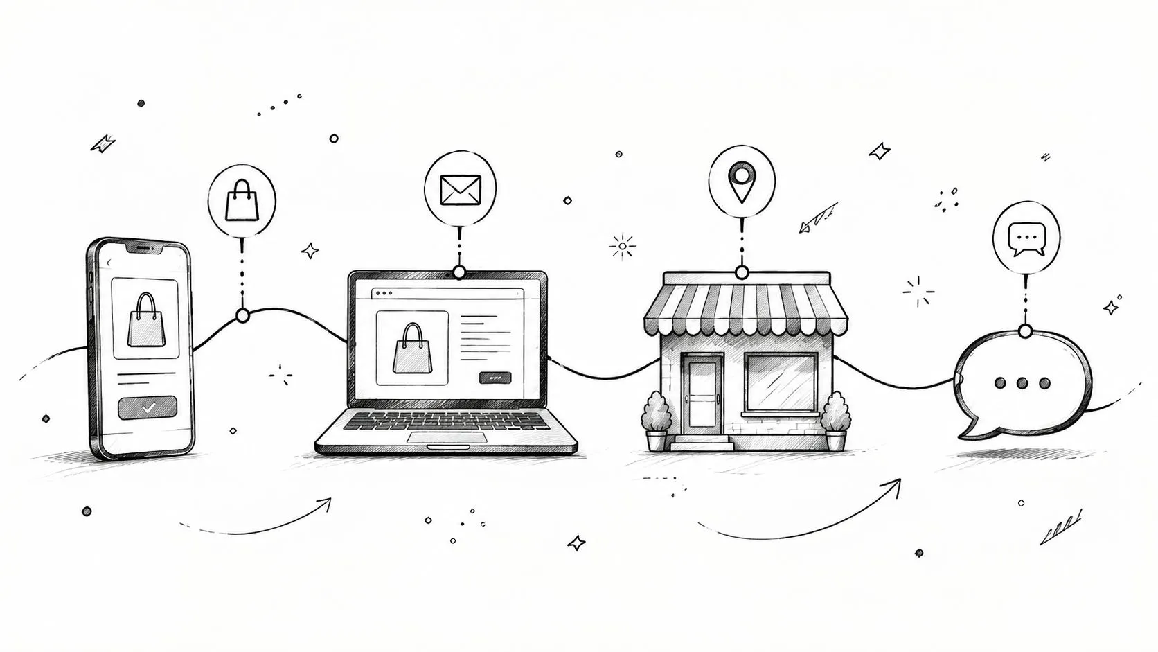 A hand-drawn illustration depicting the multi-channel customer journey from mobile shopping and email to physical stores and support.