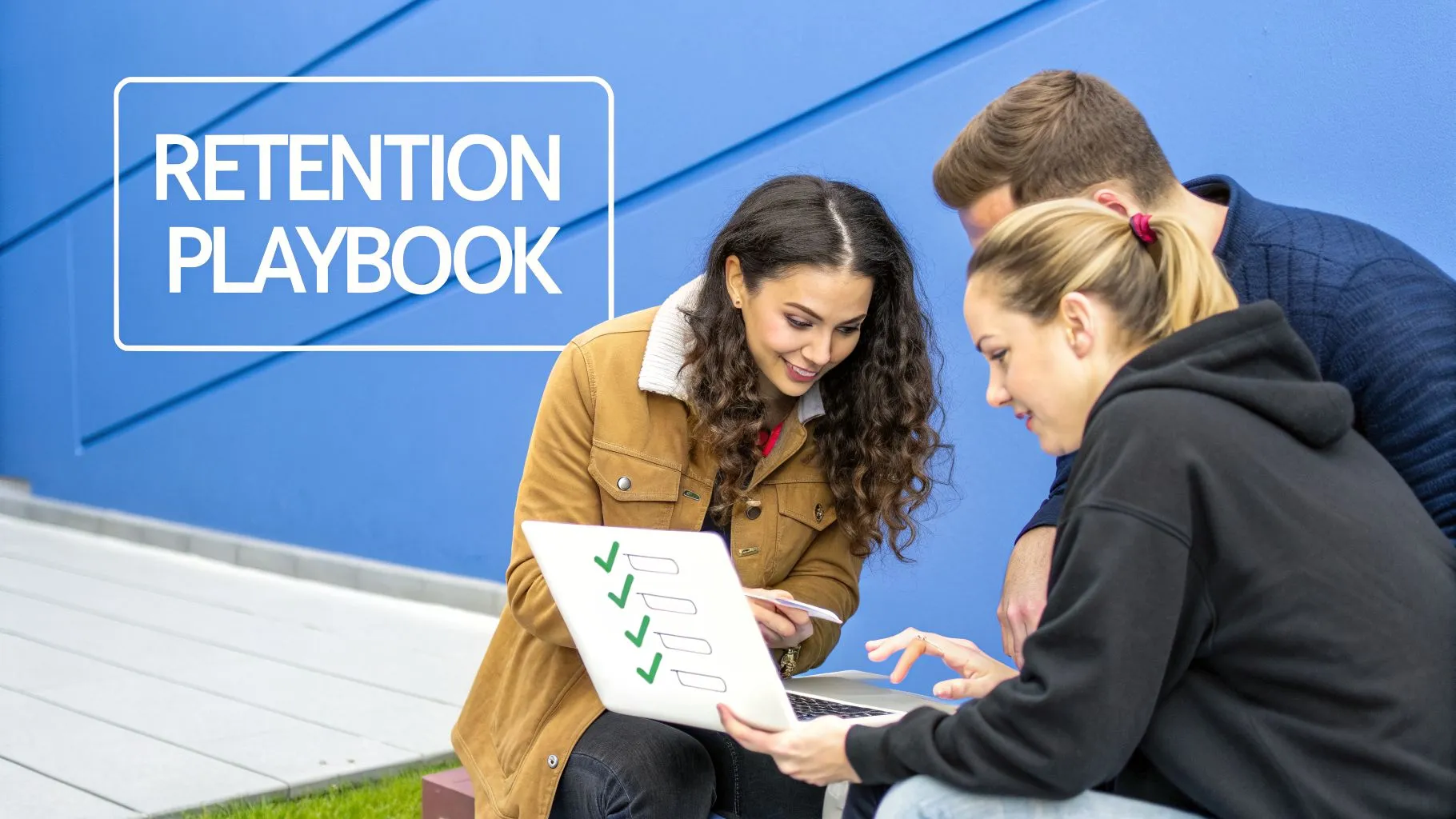 Three colleagues collaborate on a laptop displaying a checklist, with 'RETENTION PLAYBOOK' on a blue wall.