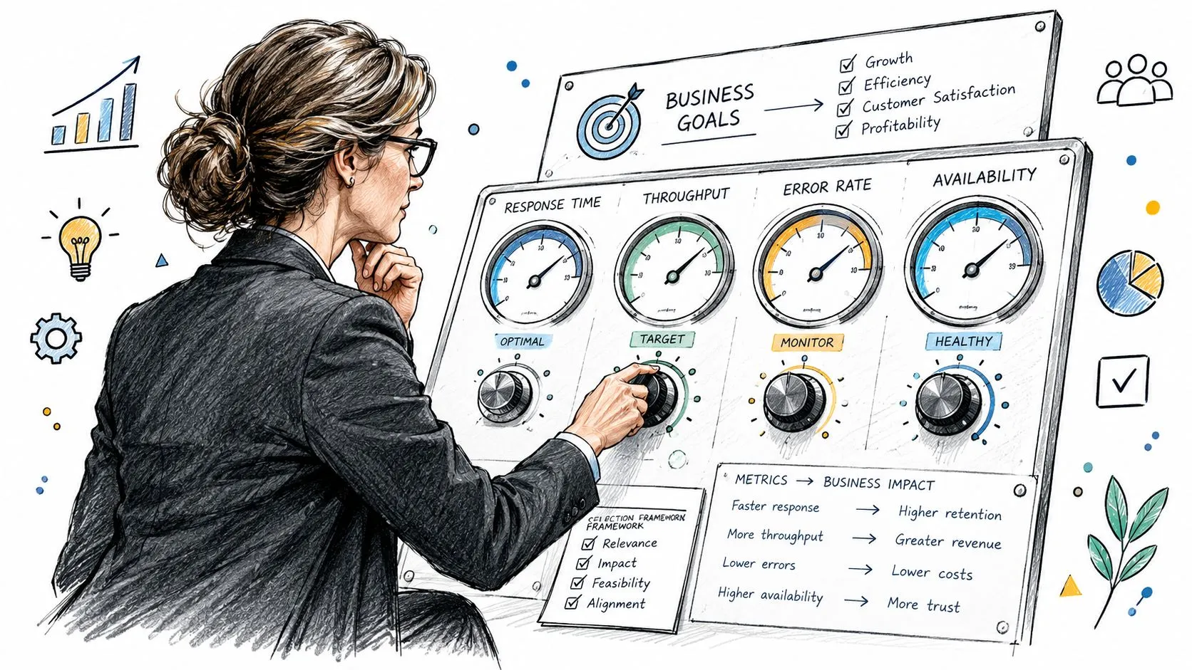 A professional woman adjusts operational metrics on a dashboard panel to align with key business goals.