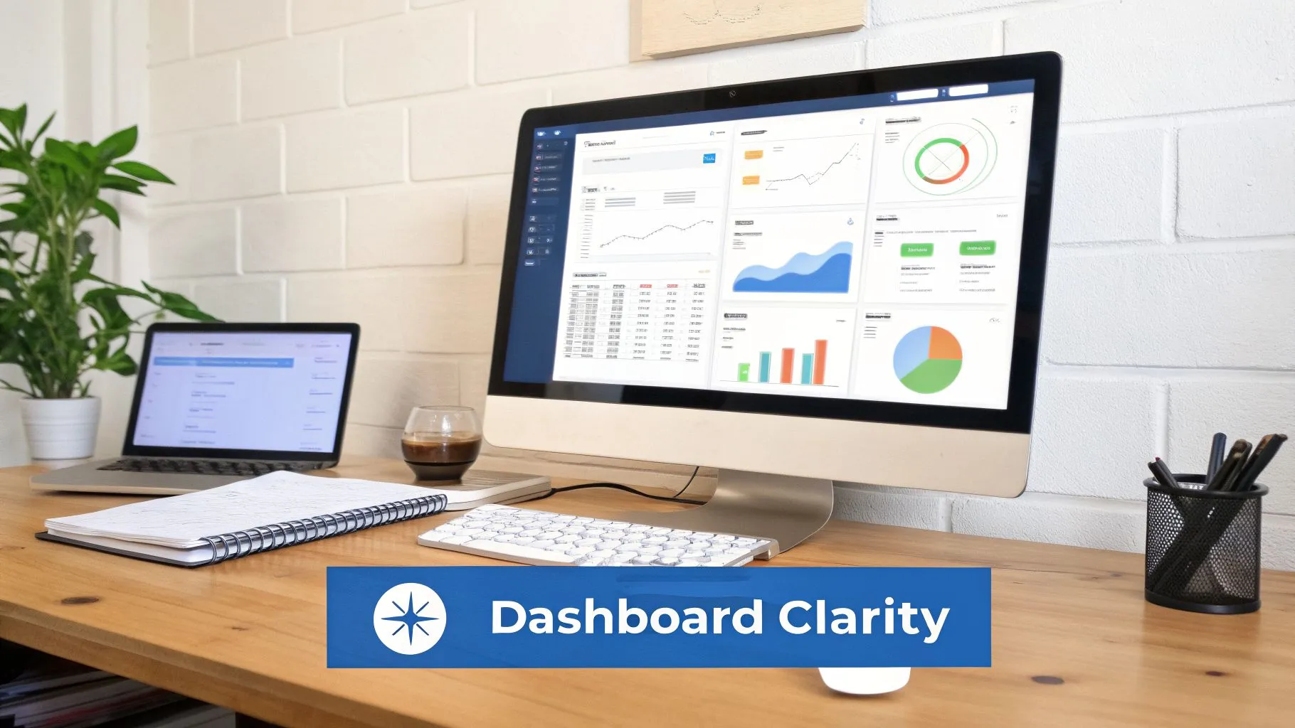 A clean, modern workspace featuring a desktop monitor displaying a comprehensive data dashboard with charts and graphs.