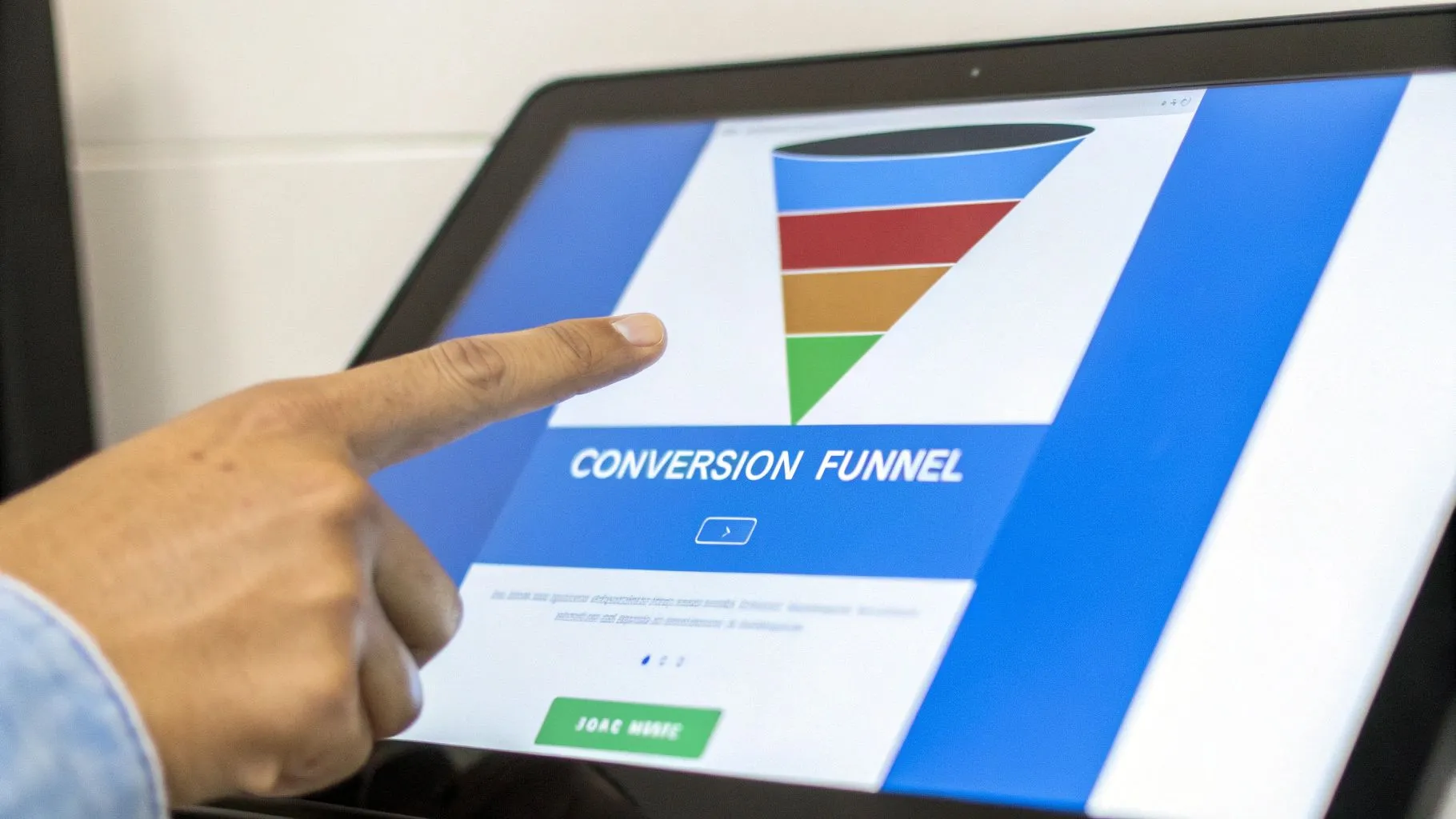 A hand points at a tablet displaying a conversion funnel diagram with colored layers.